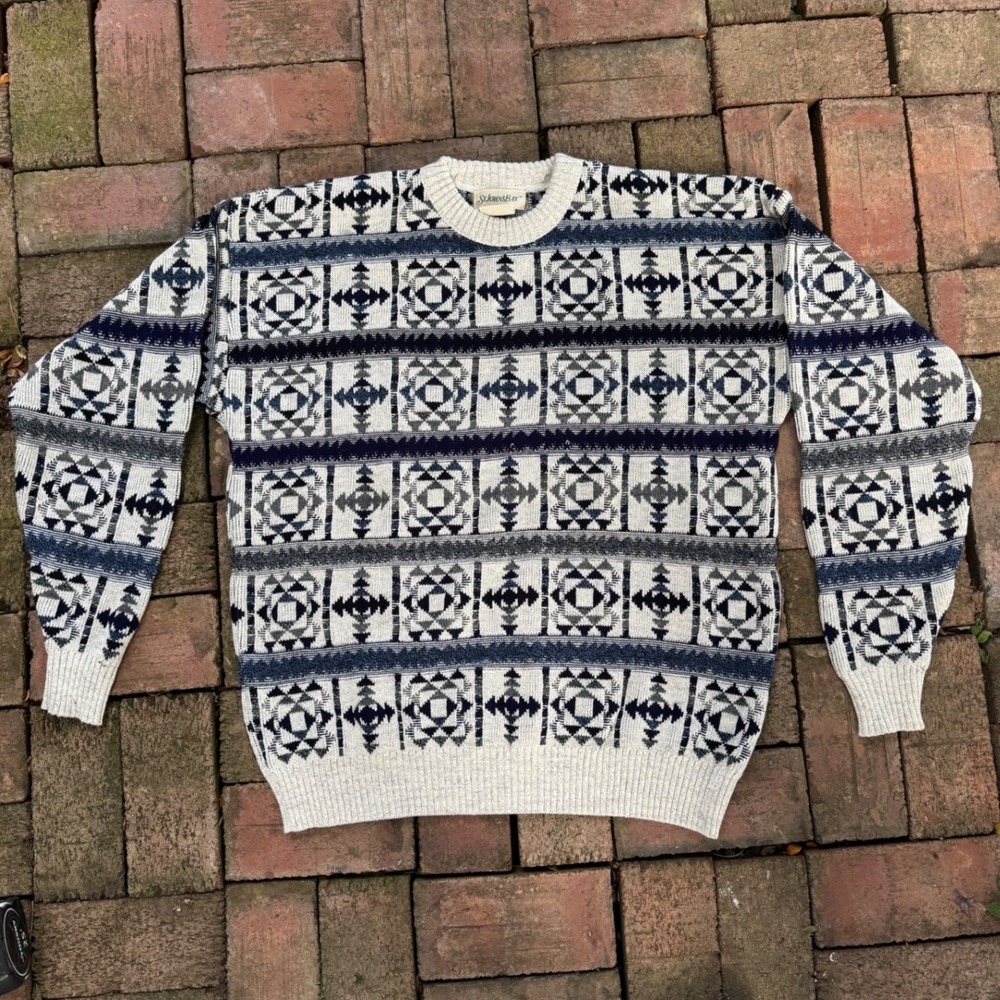 St Johns Bay Mens Large Geometric Southwestern Knit Crewneck Sweater Navy Cream